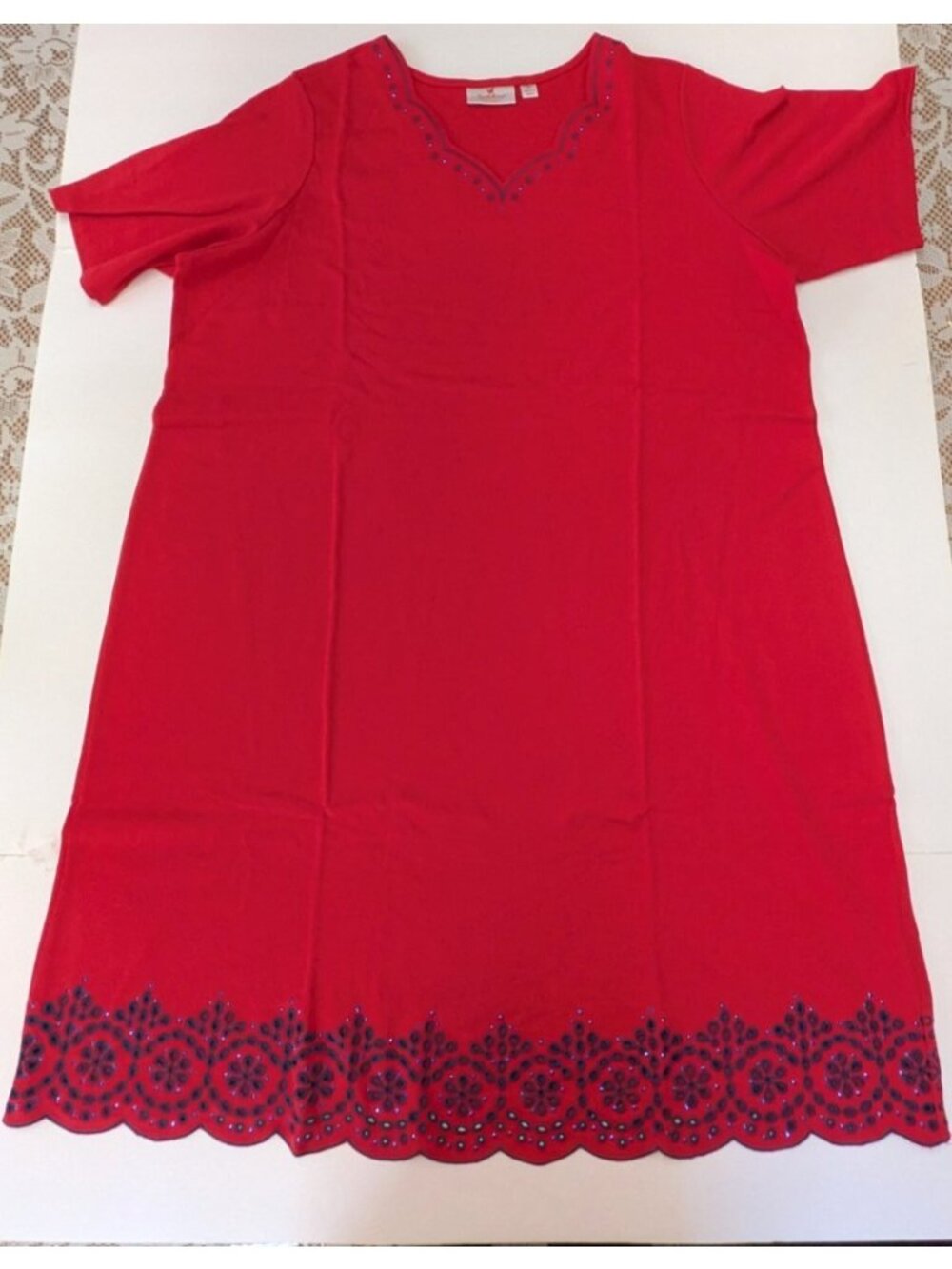 Quacker Factory Long Red T-Shirt Dress Size 2X Blue Embroidery Rhinestones